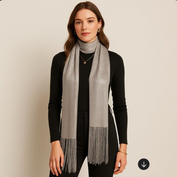 ✨ Kimberly C. Silver Metallic Fringe Scarf/Shawl - Picture 1 of 14